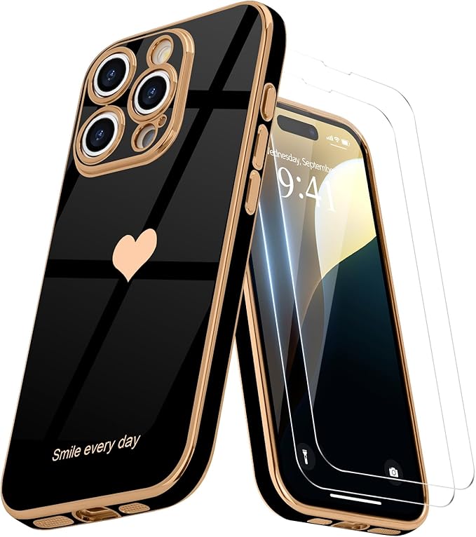 Entronix Bundle Compatible with iPhone 16 Pro - [Flexible] Glossy Heart Case & 2 Clear Screen Protectors