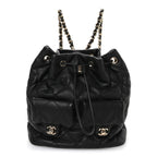 Lambskin Quilted Double Pocket Drawstring Backpack Black