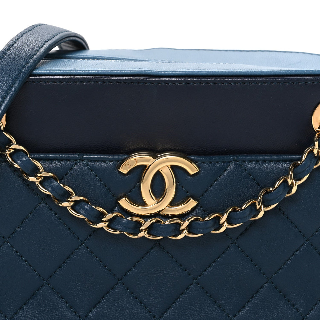 Lambskin Quilted Small In & Out Camera Case Navy Light Blue