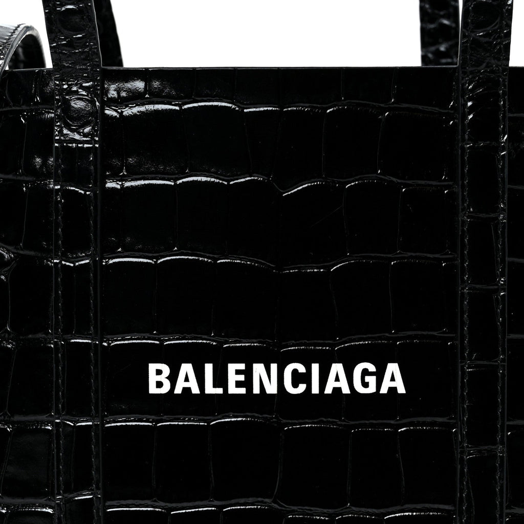 Shiny Calfskin Logo Crocodile Embossed XXS Everyday Tote  Black