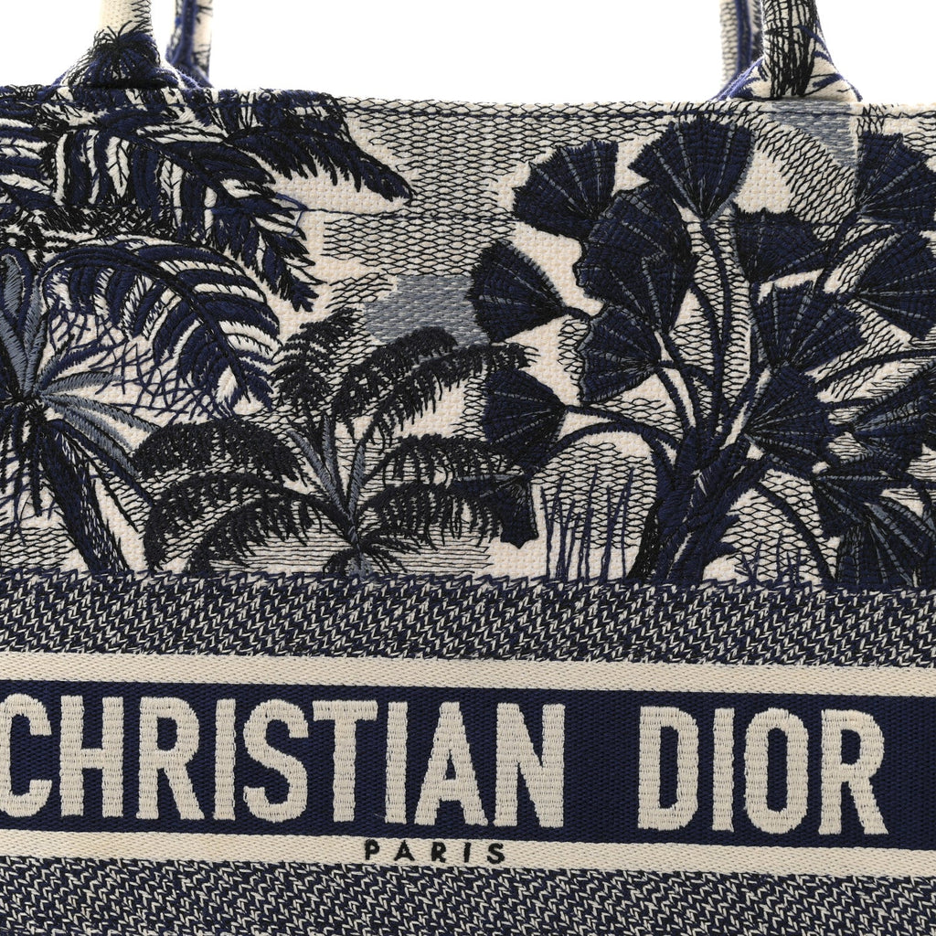 Canvas Embroidered Large Palm Tree Toile De Jouy Book Tote Blue