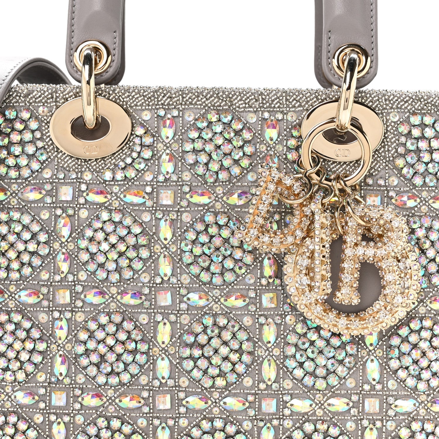 Calfskin Satin Celestial Bead Embroidery Embroidered Small Lady Dior Grey Multicolor