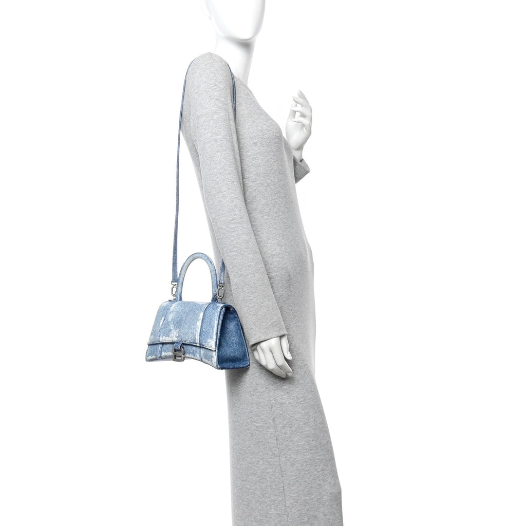 Nappa Denim Printed Small Hourglass Top Handle Bag Denim Blue