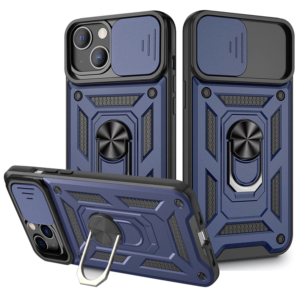 Kickstand Ring Holder With Slide Camera Cover Tpu Magnetic Car Mount For Apple Iphone 13 In Blue