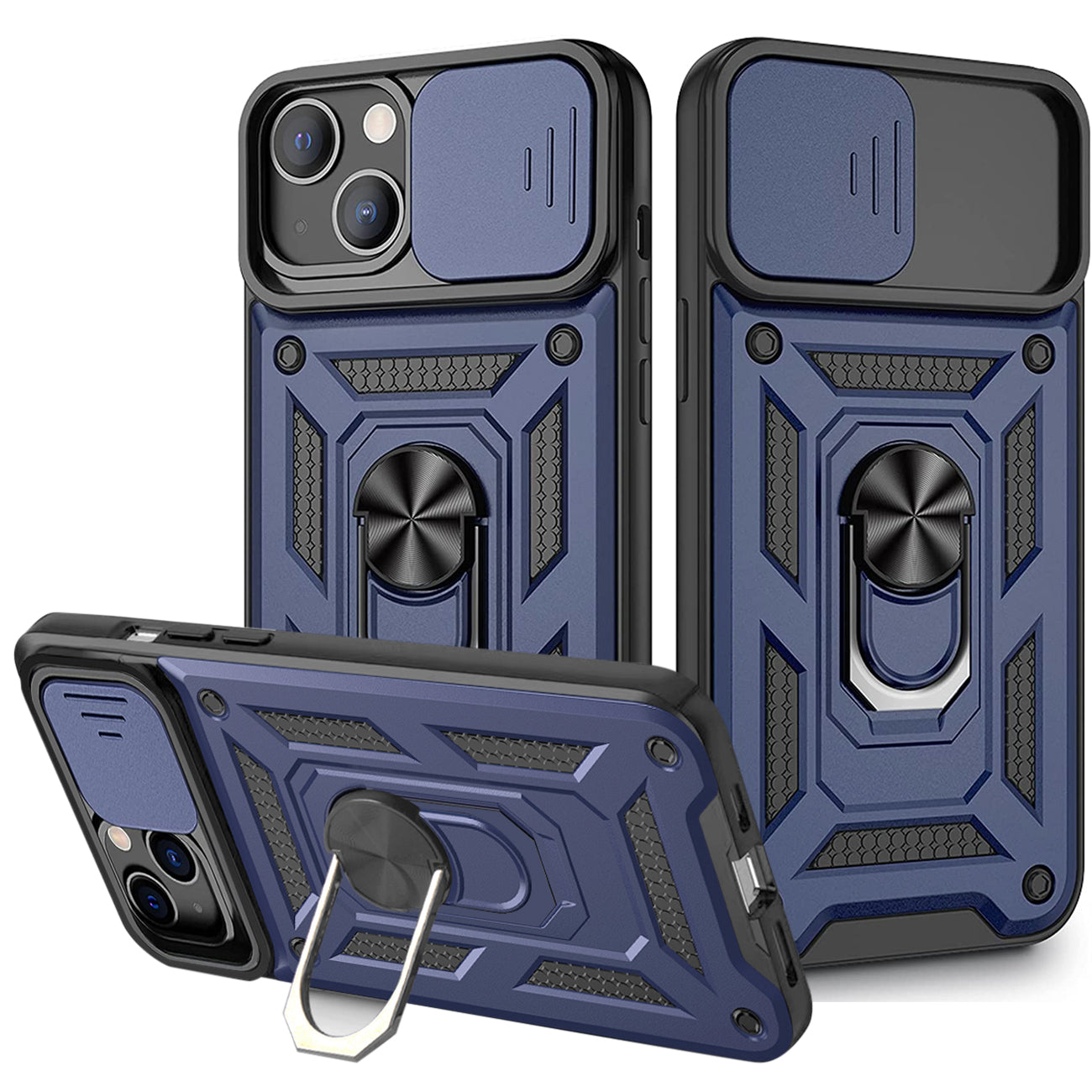 Kickstand Ring Holder With Slide Camera Cover Tpu Magnetic Car Mount For Apple Iphone 13 In Blue