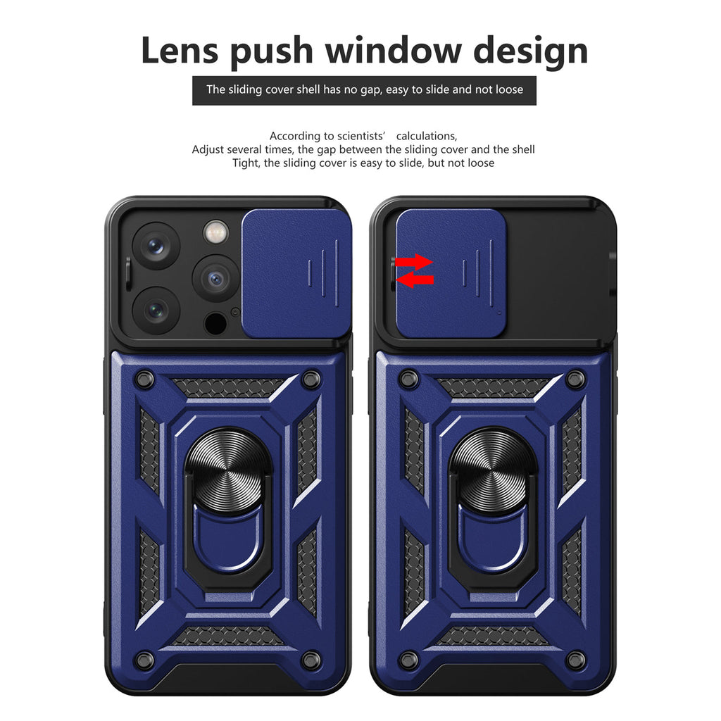 Kickstand Ring Holder With Slide Camera Cover Tpu Magnetic Car Mount For Apple Iphone 14 Pro In Blue