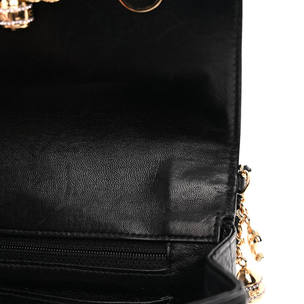Lambskin Quilted Crystal Chocolate Bar Charm Flap Black