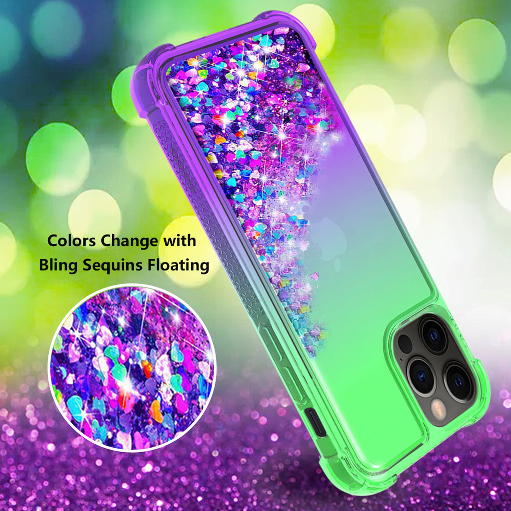 Shiny Flowing Glitter Liquid Bumper Case For Apple Iphone 12 Pro Max In Green