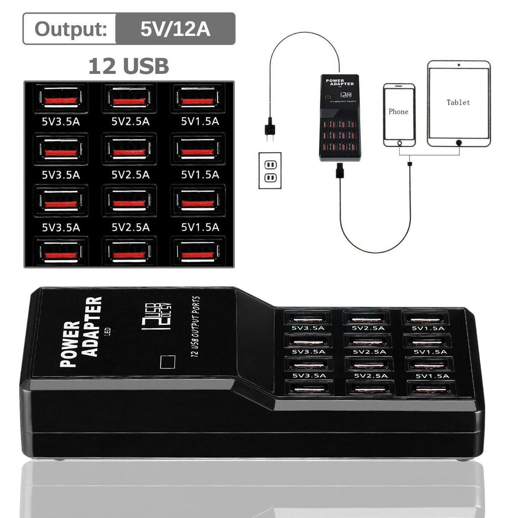 Multi 12 Port USB Charging Station Hub Desktop Wall Cell Phone Charger Organizer