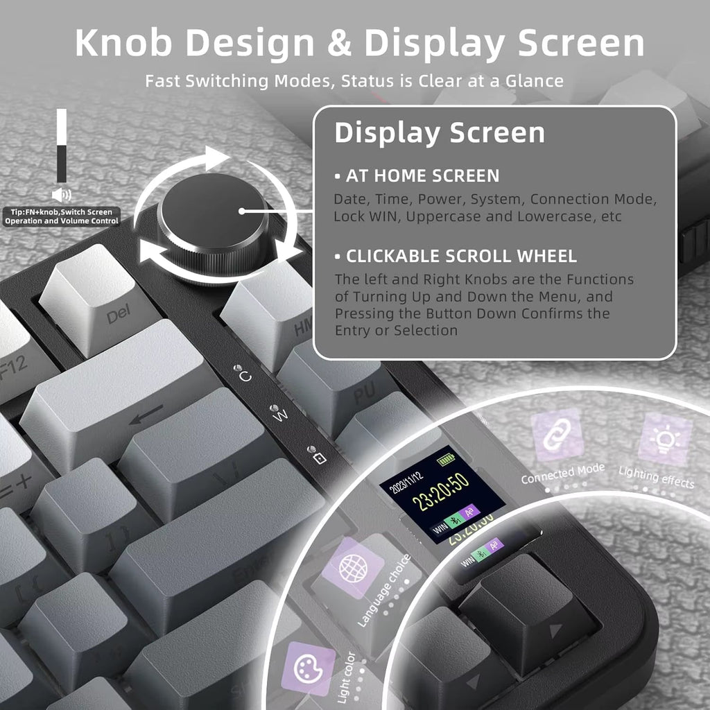 75% Mechanical Keyboard with Display and Knob, Hot-Swappable, Wireless 2.4GHz/Bluetooth/Wired, RGB Gasket Mount QM