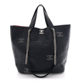 Calfskin Tweed Small Logo Eyelets Shopping Tote Navy Blue