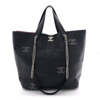 Calfskin Tweed Small Logo Eyelets Shopping Tote Navy Blue