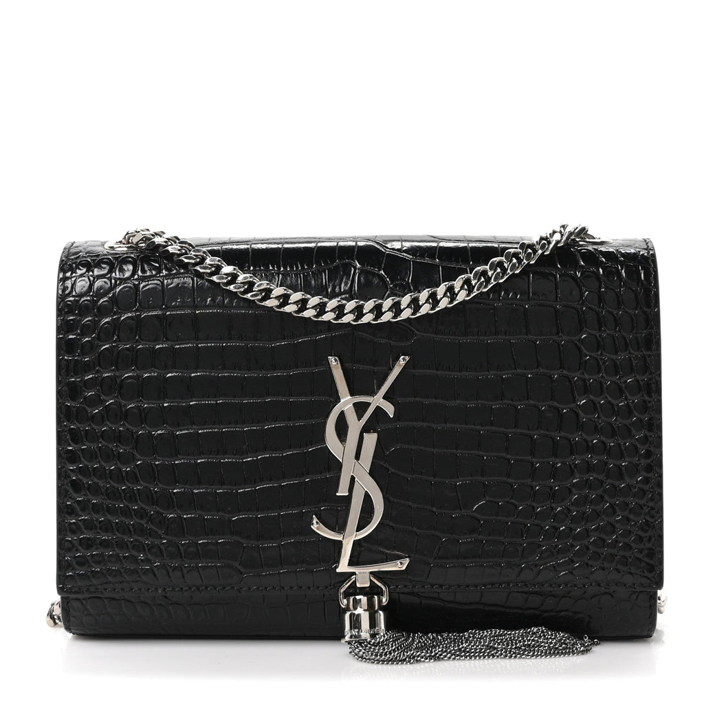 Calfskin Crocodile Embossed Small Classic Monogram Kate Tassel Satchel Black