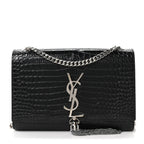 Calfskin Crocodile Embossed Small Classic Monogram Kate Tassel Satchel Black