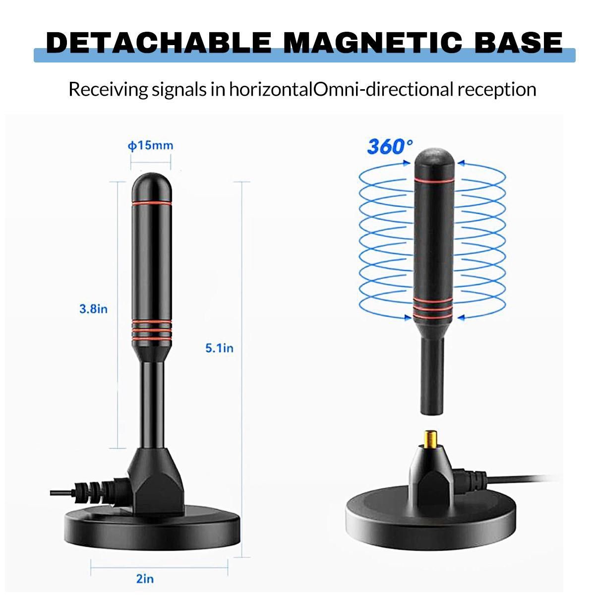 HDTV Antenna, Long Range Indoor/Outdoor Digital TV Antenna with Amplifier, Magnetic Base, 4K 1080p Support, Free Local Channels