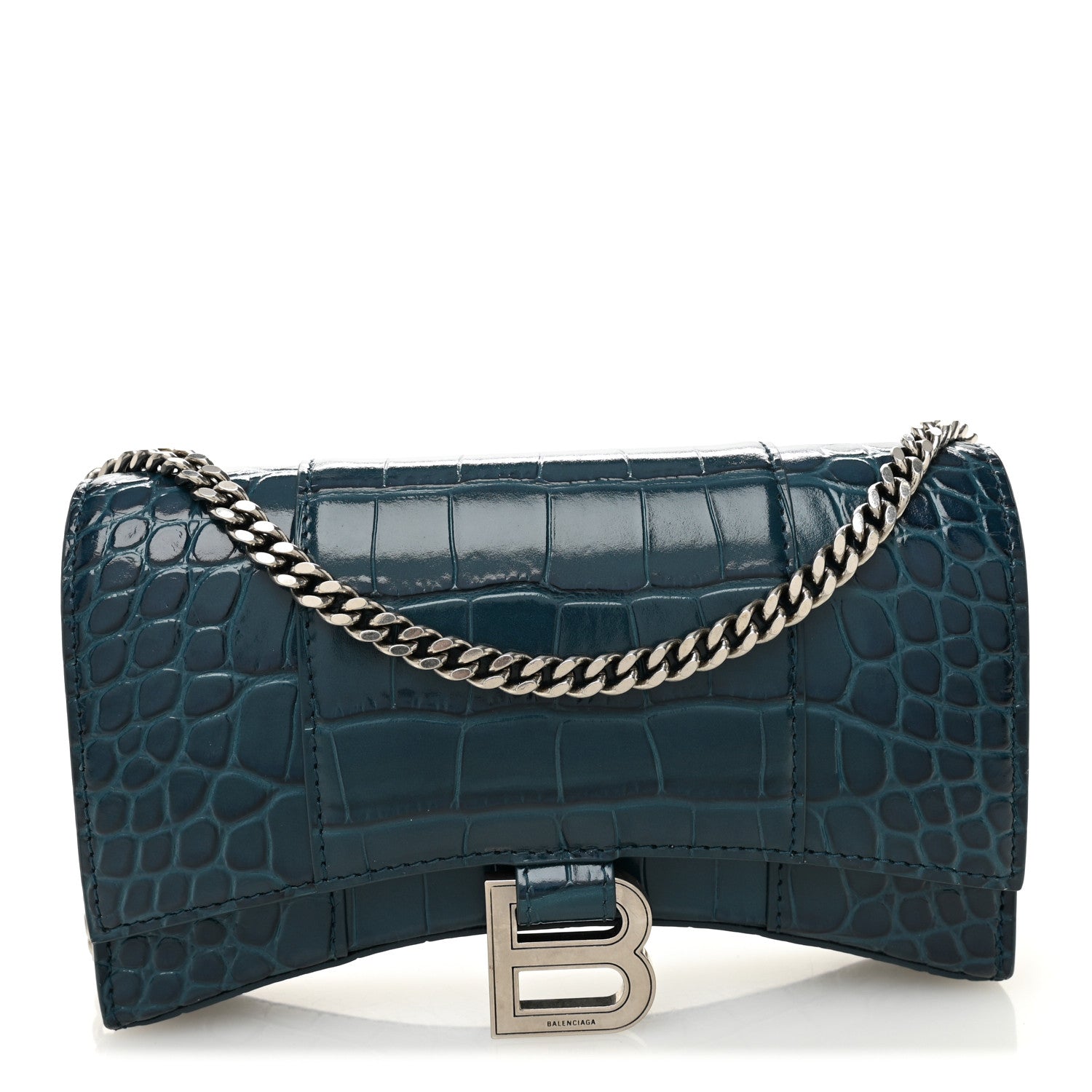 Shiny Calfskin Crocodile Embossed Hourglass Chain Bag Dark Petrol Blue