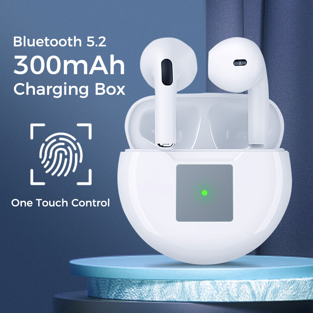 Wireless Earbuds, 5.2 Bluetooth, Noise Cancelling, 30Hrs Playtime, Stereo Sound, IP54 Waterproof, 300mAh Wireless Charging Case - White