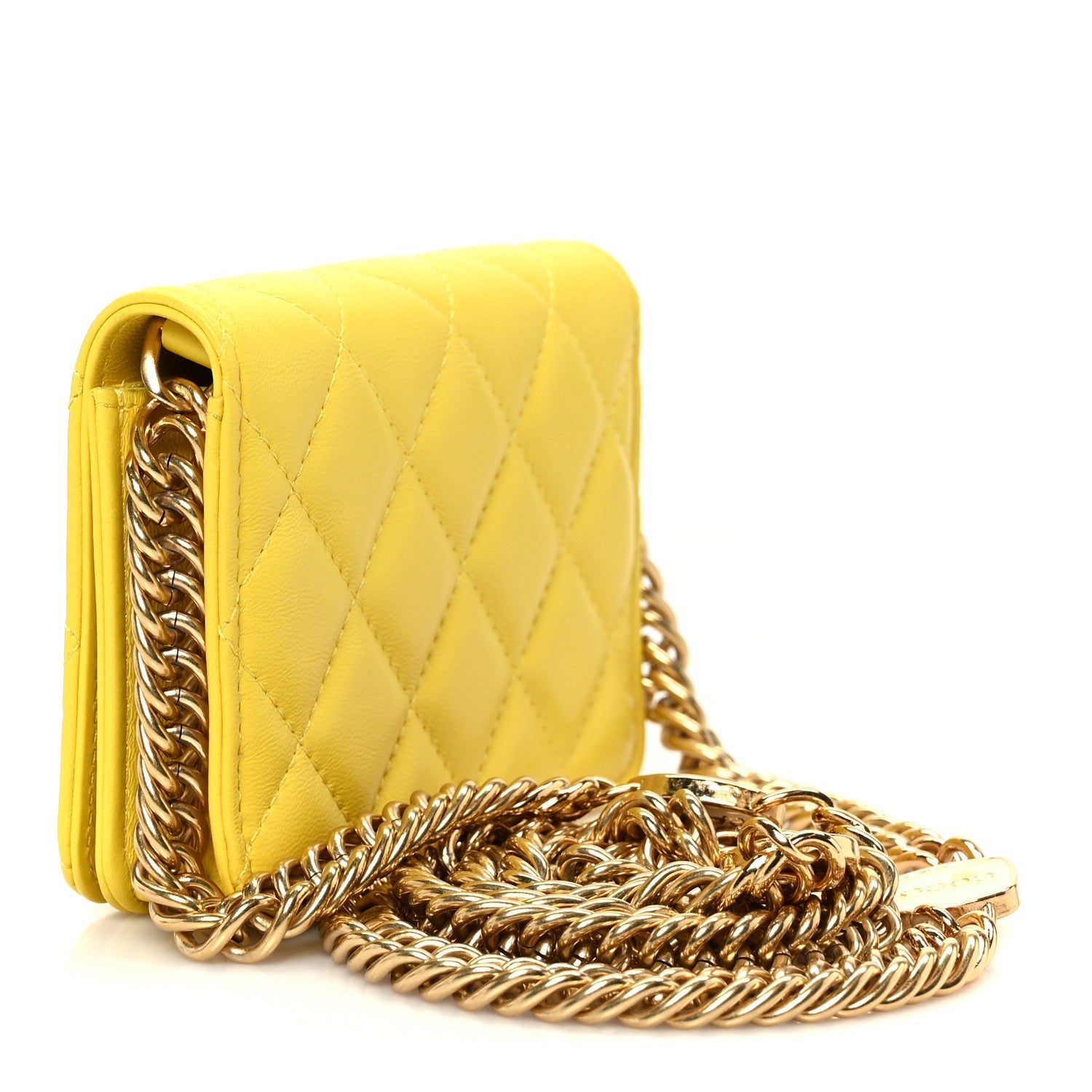Lambskin Quilted Enamel Logo Flap Card Holder On Chain Yellow