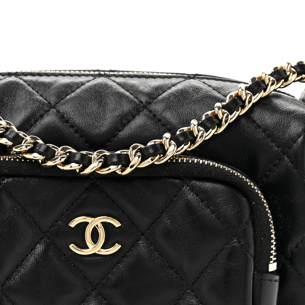 Shiny Crumpled Lambskin Quilted Small Preppy Pocket Camera Case Black