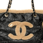 Shiny Crumpled Sheepskin Shearling CC Mania Tote Bag Black Beige