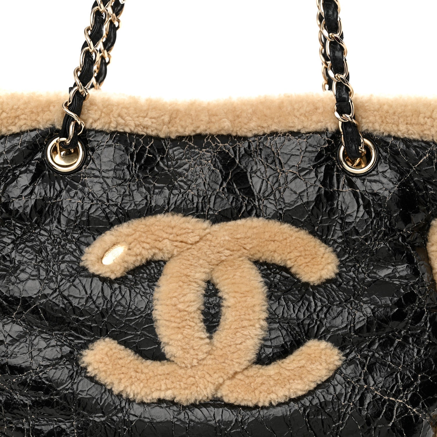 Shiny Crumpled Sheepskin Shearling CC Mania Tote Bag Black Beige