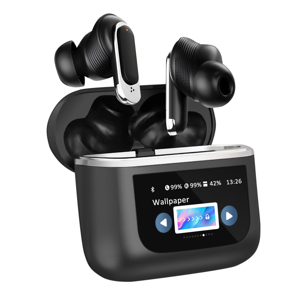 Wireless Earbuds w/ LCD Full-color Touch Screen, 5.3 Bluetooth, TWS, Noise Cancelling, 32Hr Playback, IP4 Waterproof, ANC & Transparency Mode, 450mAh Wireless Charging Case - Black