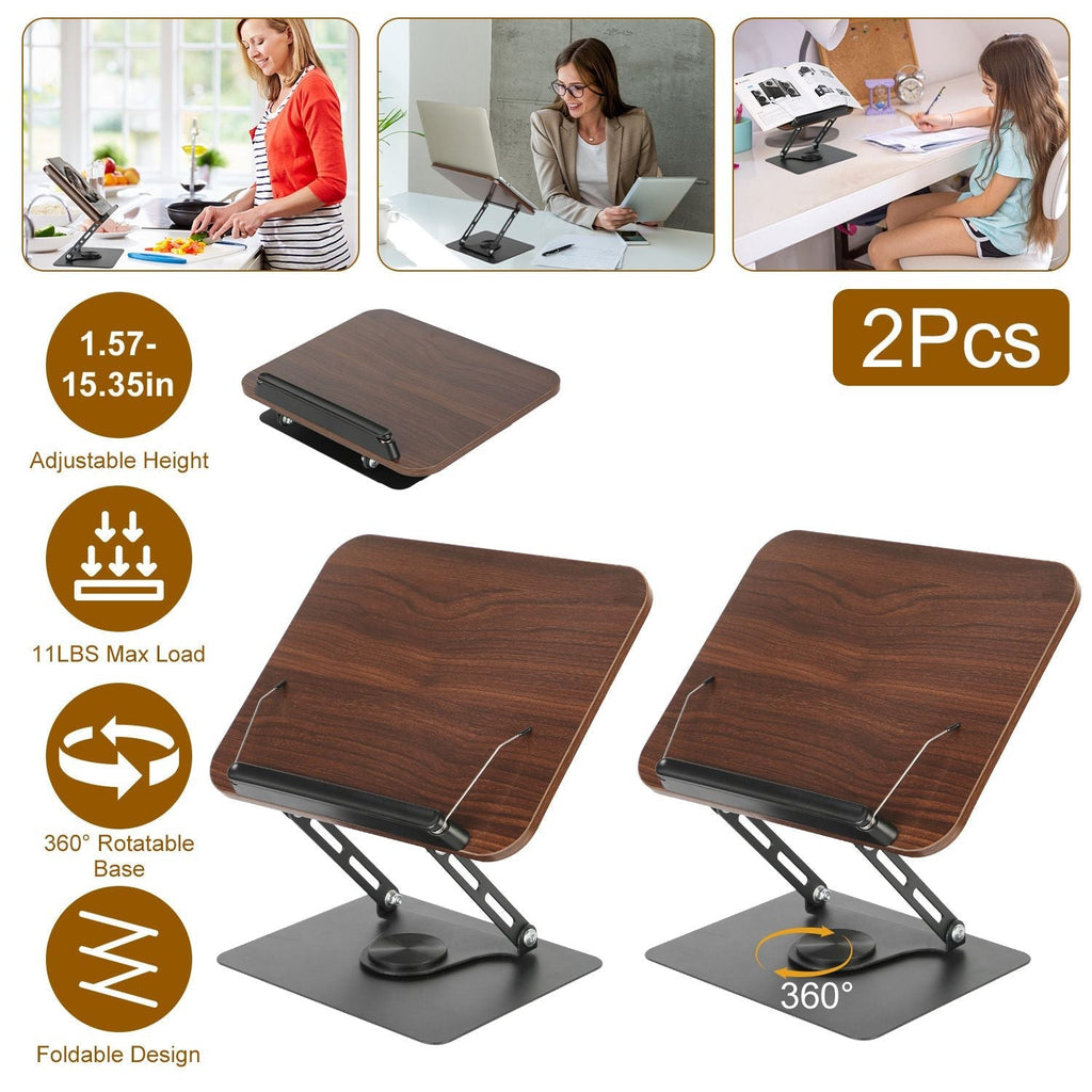 2Pcs Book Stand for Reading Foldable Wood Book Holder Reading Rack Paper Stand with Adjustable Height 360° Rotatable Base Dual Paper Clips for Book Sheet Music Laptop Drawing Tablet
