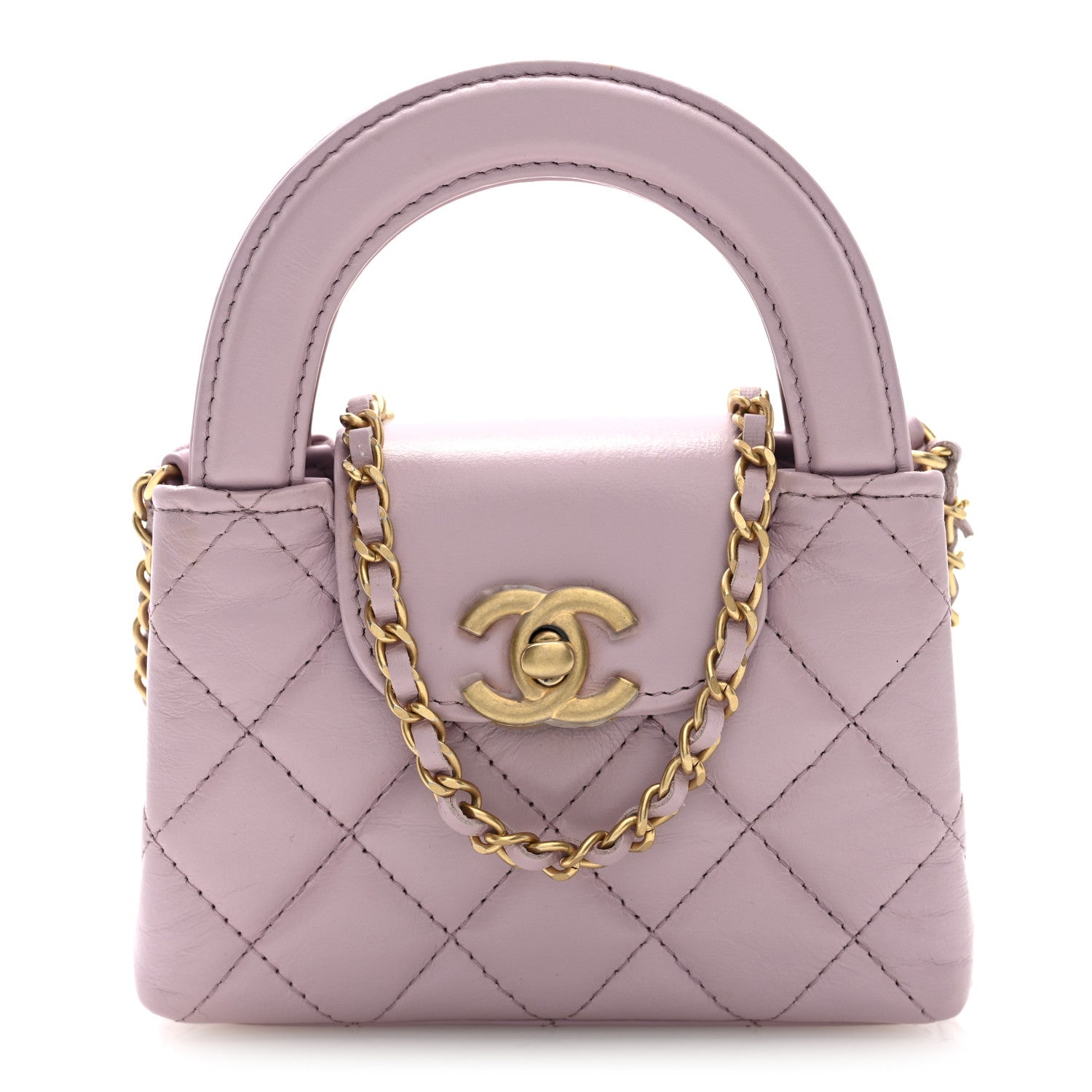 Shiny Aged Calfskin Quilted Mini Nano Kelly Shopper Light Pink