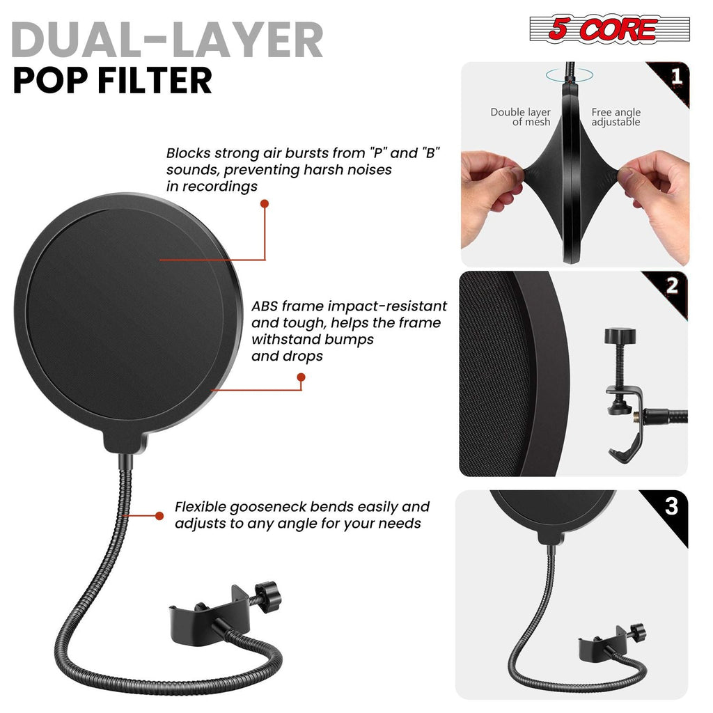 Microphone Arm Stand Upgraded Adjustable Suspension Boom Scissor Arm Mic Holder with Pop Filter 3/8" to 5/8" Adapter Mic Clip Shock Mount Cable Ties ARM SET 16