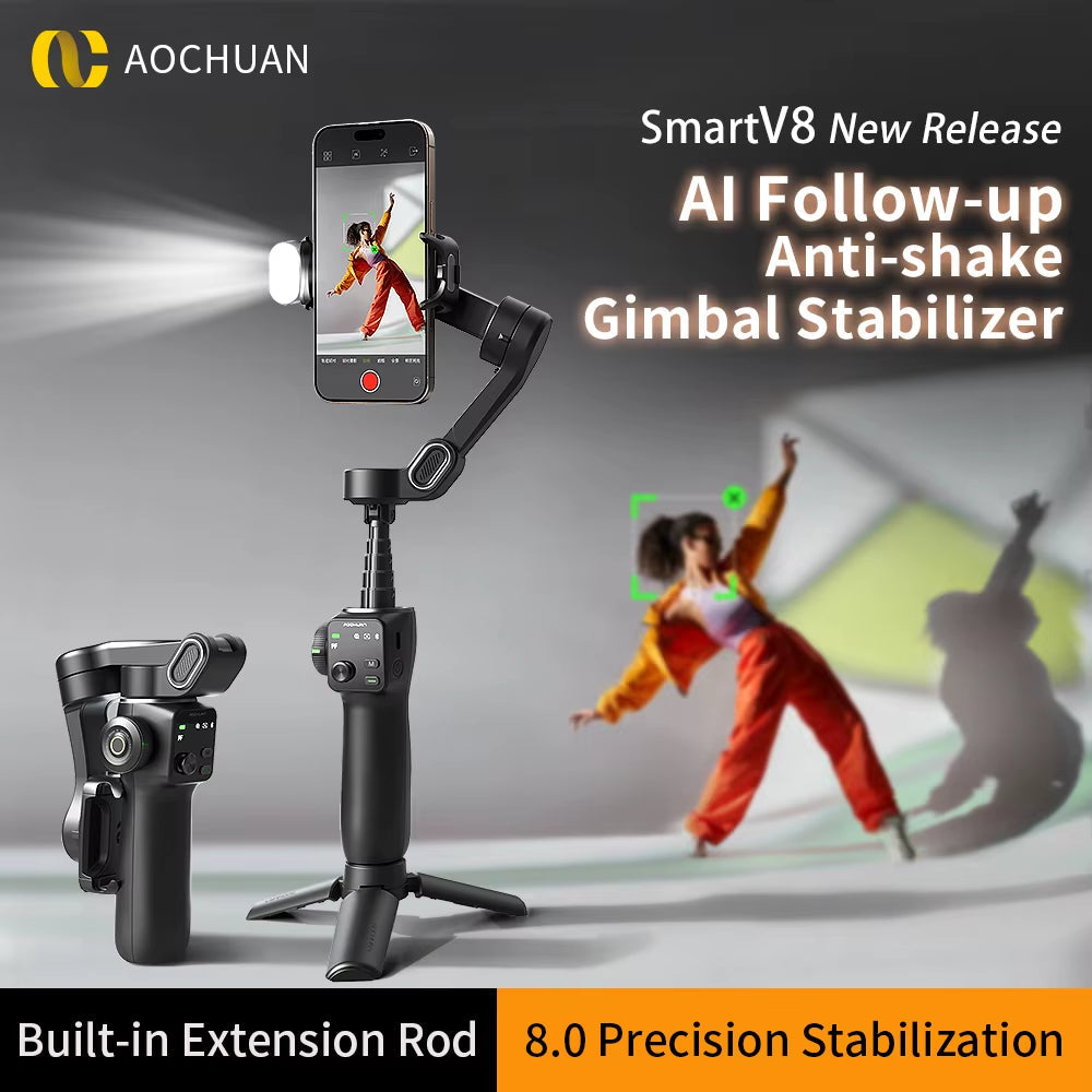 Smart V8 3-Axis Handheld Gimbal Stabilizer with Extension Rod and Tripod for Face Tracking - Compatible with iPhone, Android with Ai