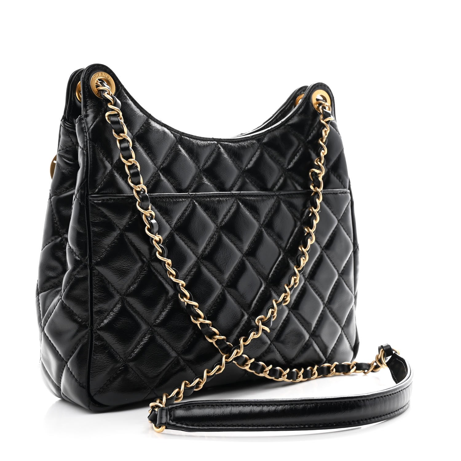 Shiny Crumpled Calfskin Quilted Wavy CC Hobo Black