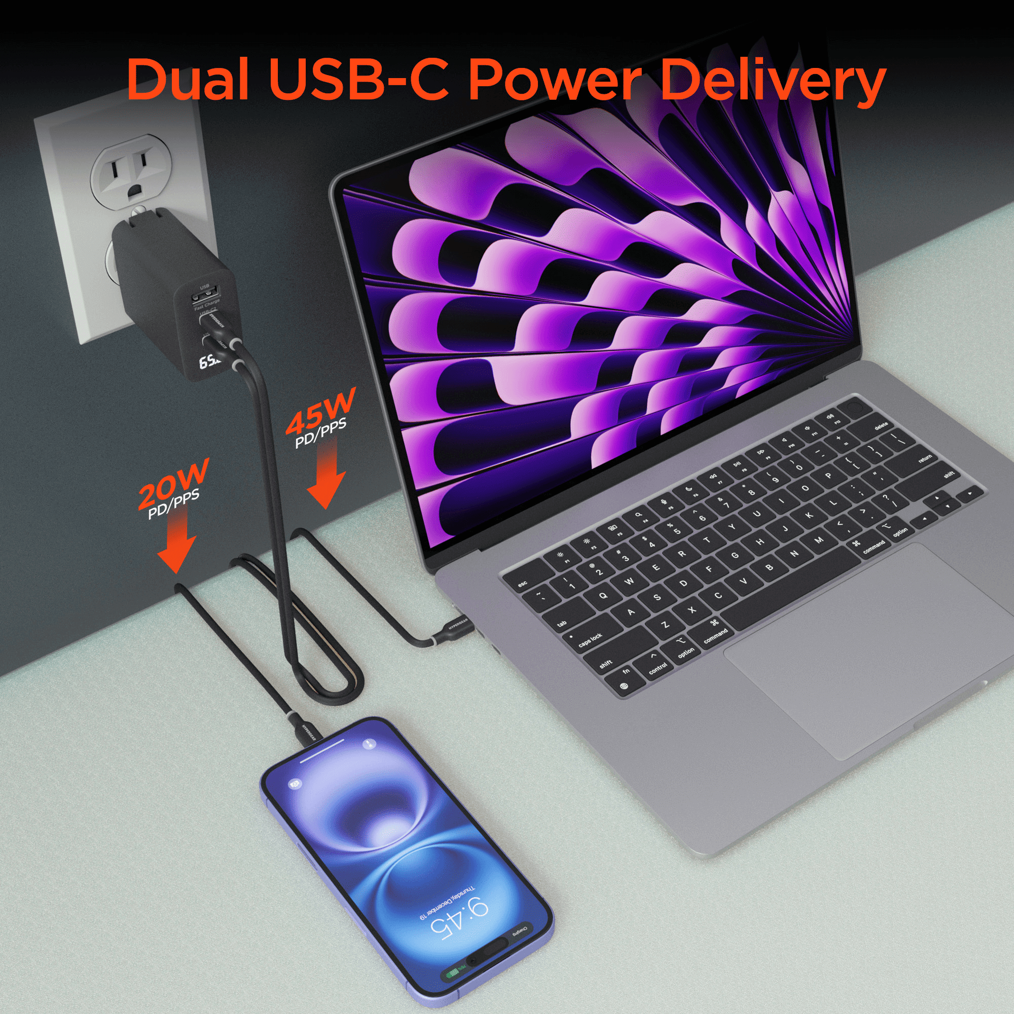 SpeedBoost 65W USB-C PD Tri-Port GaN Laptop Charger with PPS and Digital Display