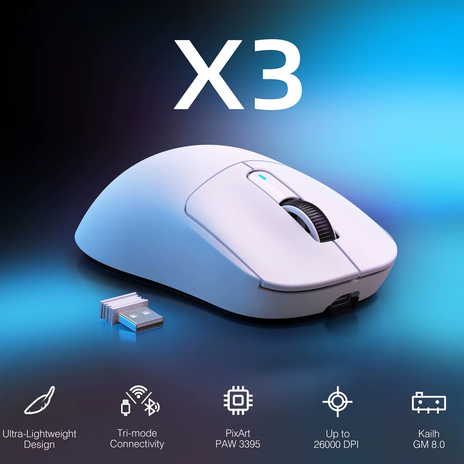 Attack Shark X3 Wireless Gaming Mouse - 49G Ergonomic Design, Triple Mode PAW3395 Optical Sensor with 26K DPI, Programmable Buttons