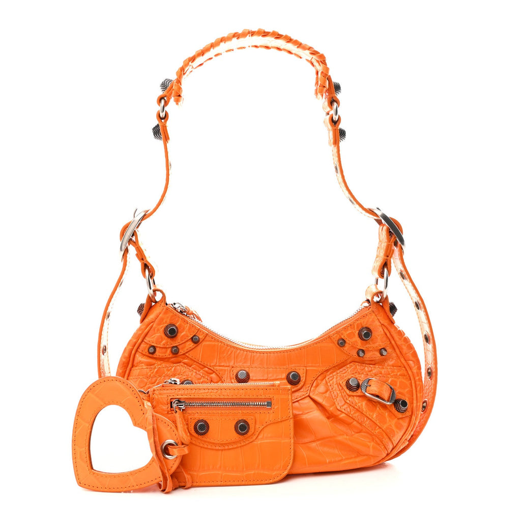 Extra Supple Calfskin Crocodile Embossed Le Cagole Shoulder Bag XS Pop Orange