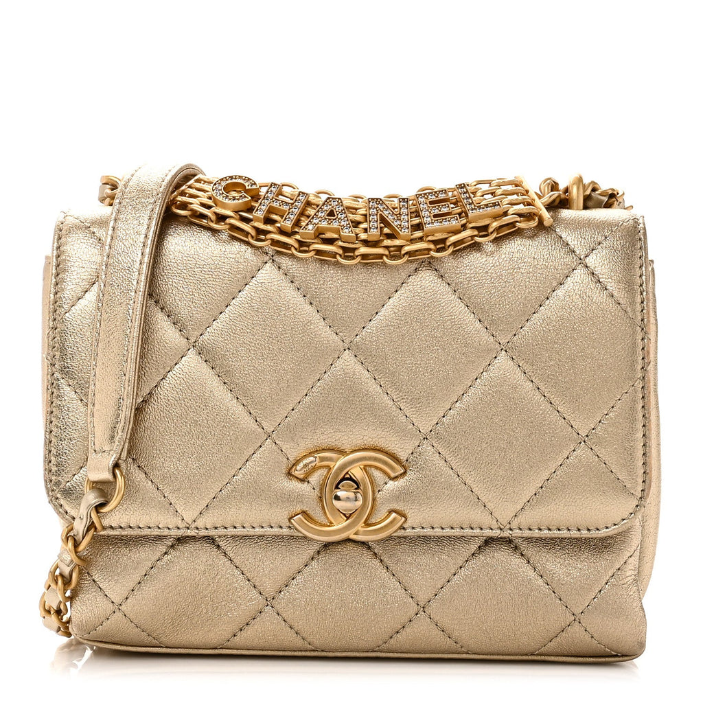 Metallic Lambskin Quilted Mini CC Crystal Logo Chain Flap Gold