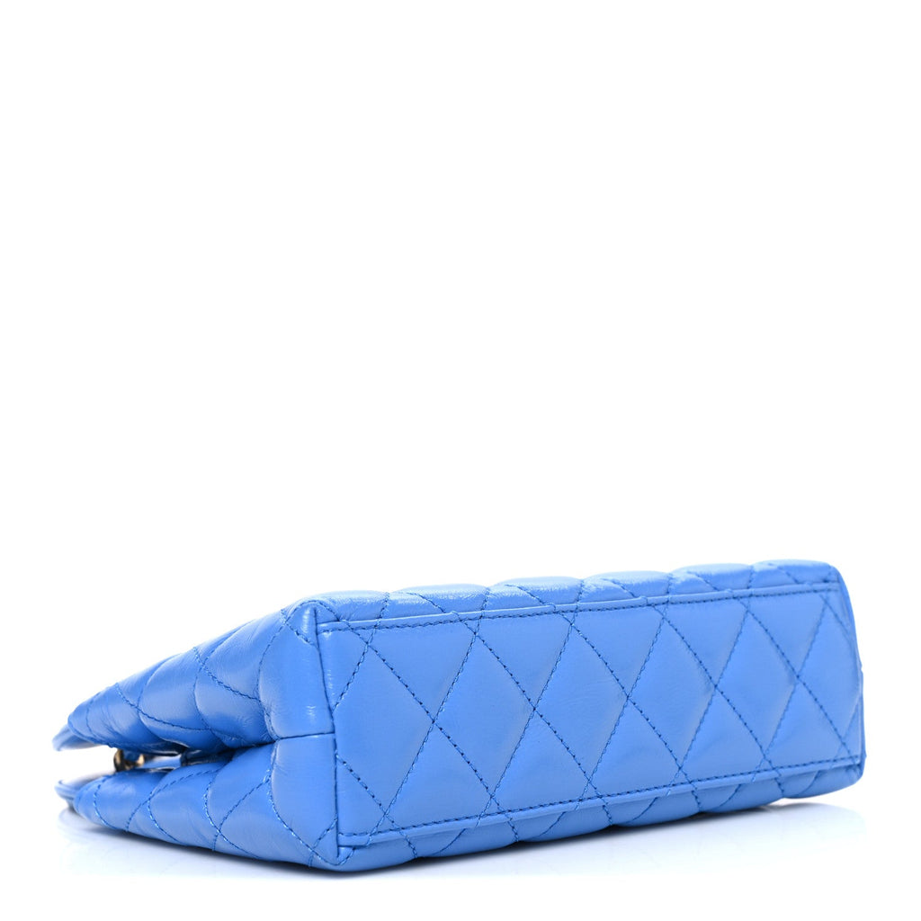 Shiny Aged Calfskin Quilted Nano Kelly Shopper Blue