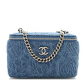 Denim Quilted Sweetheart Small Vanity Case With Chain Blue