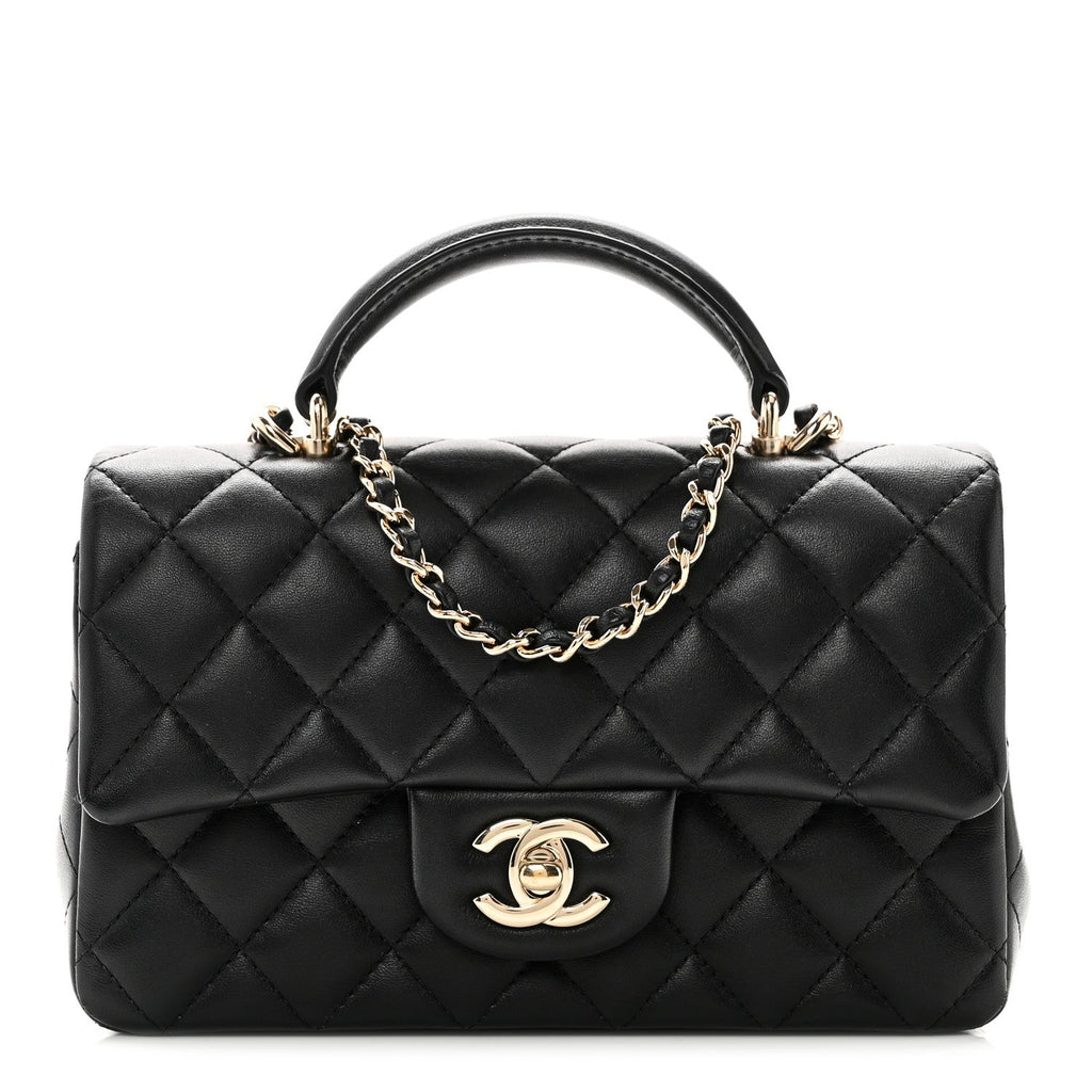 Lambskin Quilted Mini Top Handle Rectangular Flap Black