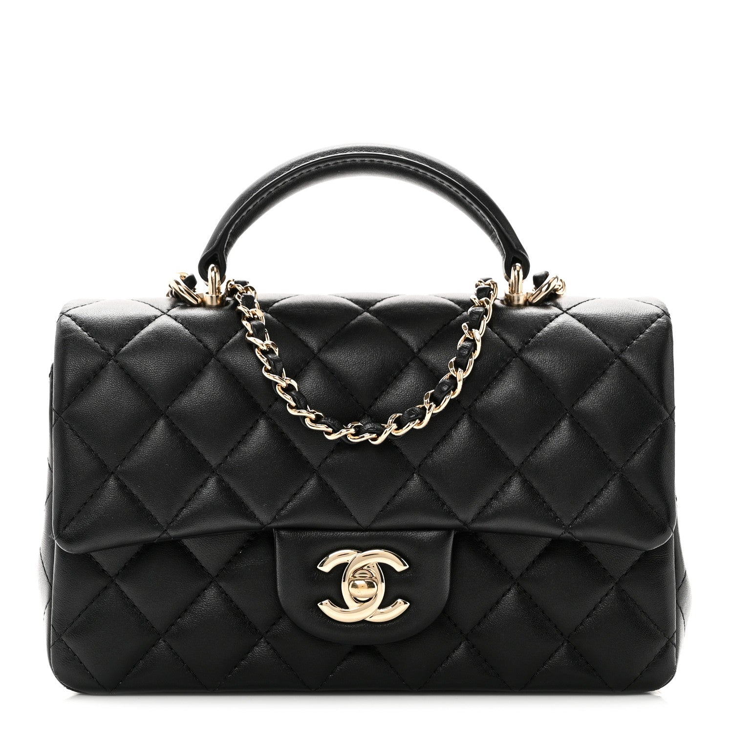 Lambskin Quilted Mini Top Handle Rectangular Flap Black