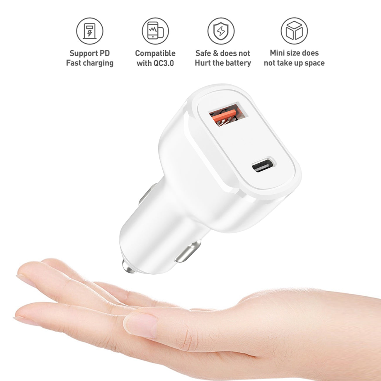 36W Pd Dual Ports Travel Car Charger Adapter Fast Charging With Usb-C To 8 Pin Cable
