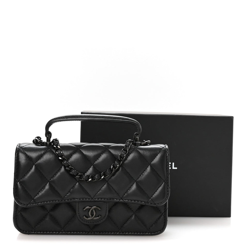 Lambskin Quilted Flap Phone Holder With Chain So Black