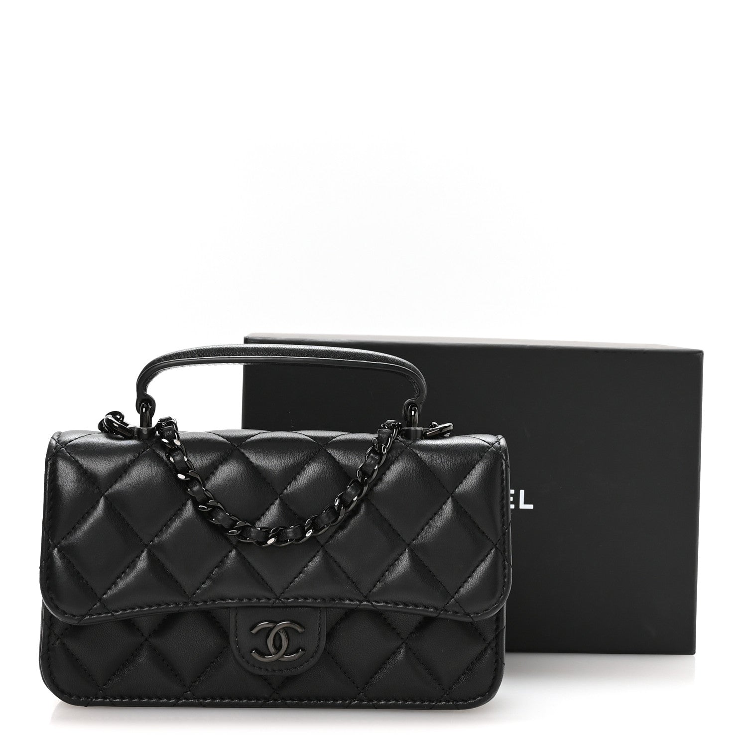 Lambskin Quilted Flap Phone Holder With Chain So Black