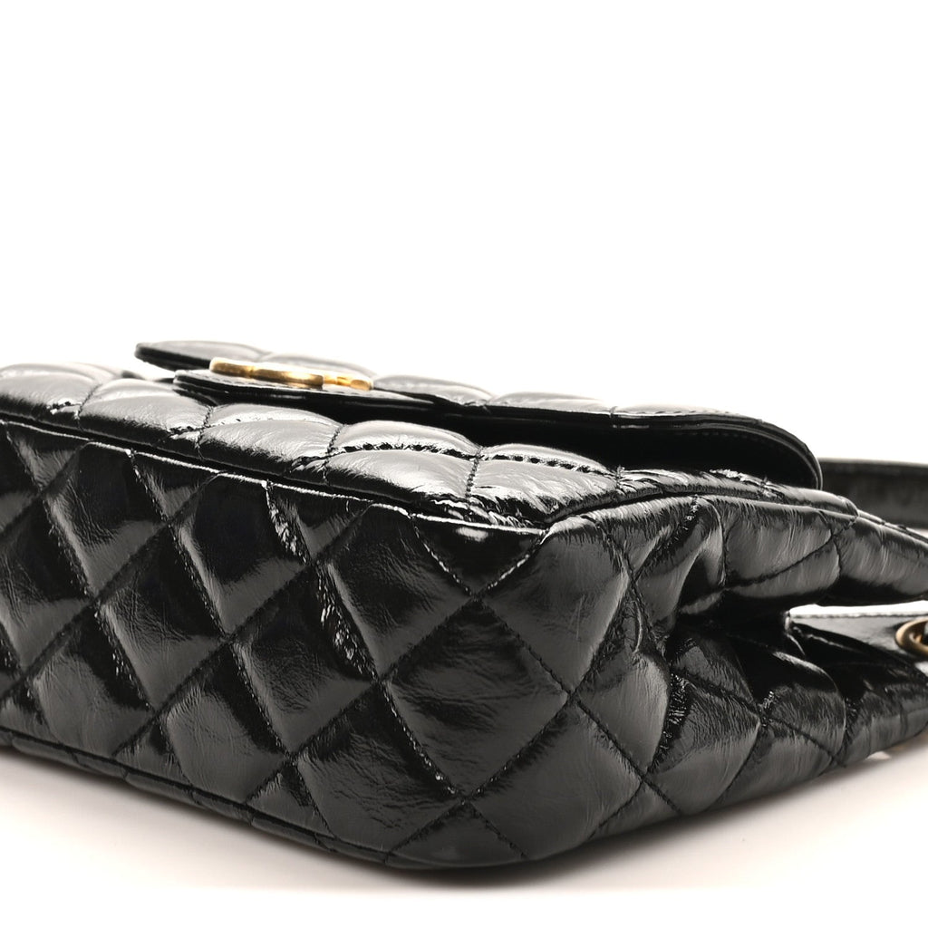 Shiny Crumpled Calfskin Quilted Small Wavy CC Hobo Black