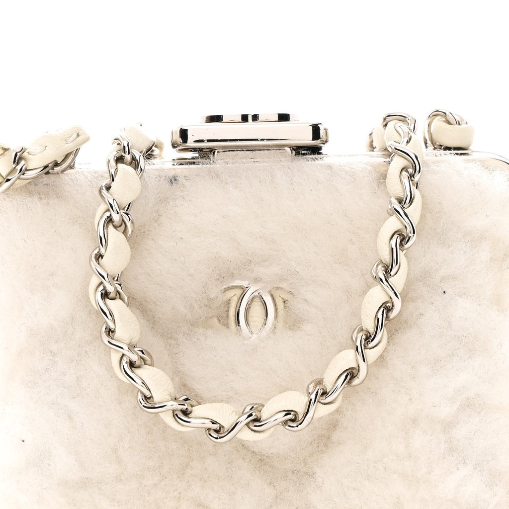Shearling Sheepskin Lambskin Quilted Clutch With Chain White