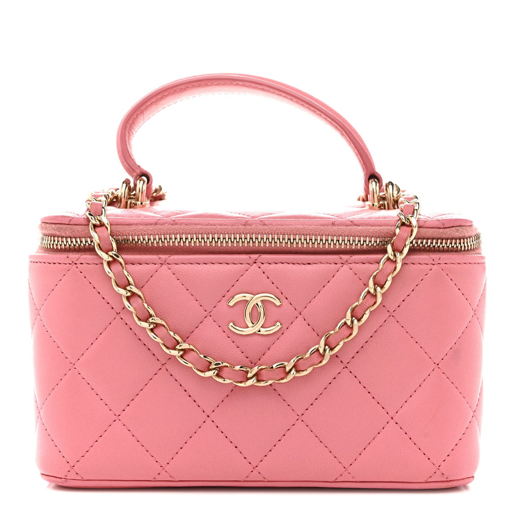 Lambskin Quilted Small Top Handle Vanity Case With Chain Pink