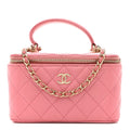 Lambskin Quilted Small Top Handle Vanity Case With Chain Pink