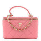 Lambskin Quilted Small Top Handle Vanity Case With Chain Pink