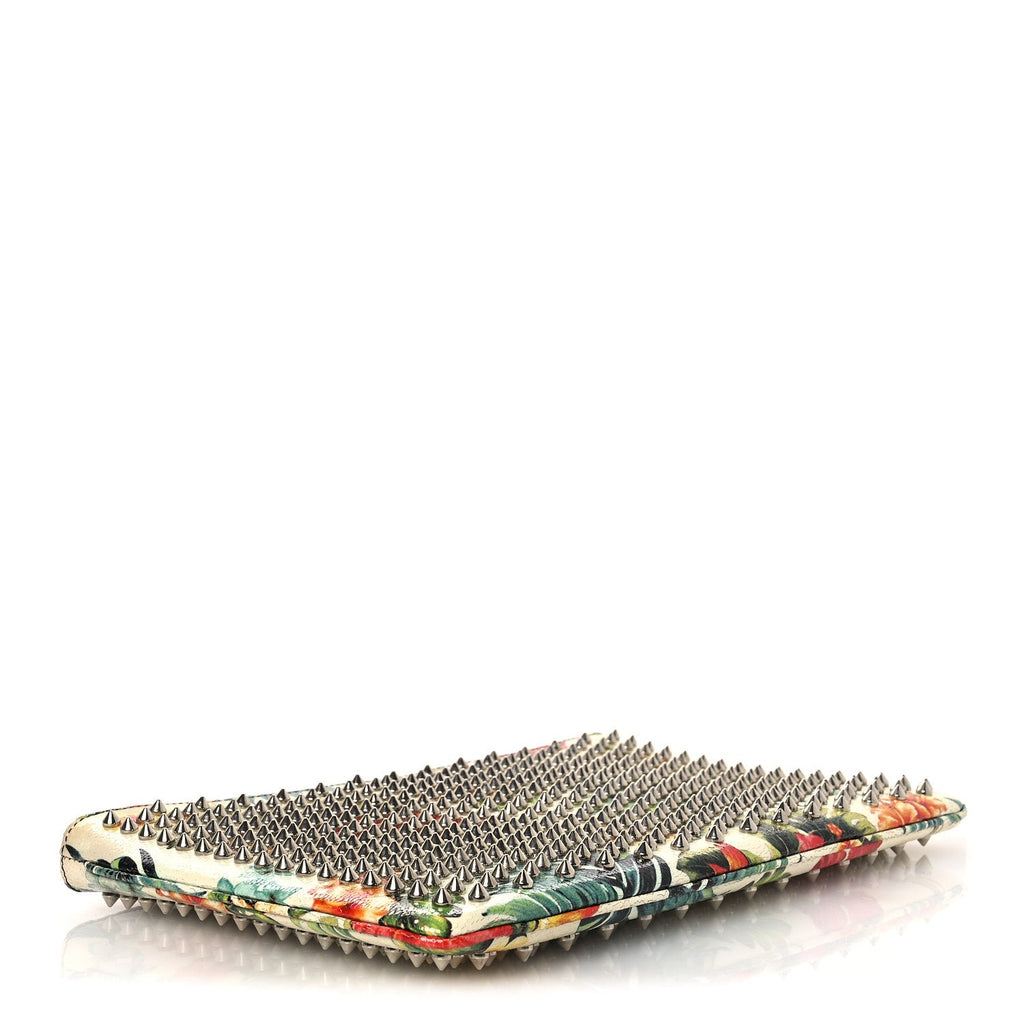 Calfskin Studded Floral Mosaic Loubiclutch Crossbody Clutch White Multicolor