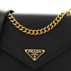 Saffiano Soft Calfskin Metal Triangle Logo Envelope Chain Shoulder Bag Black