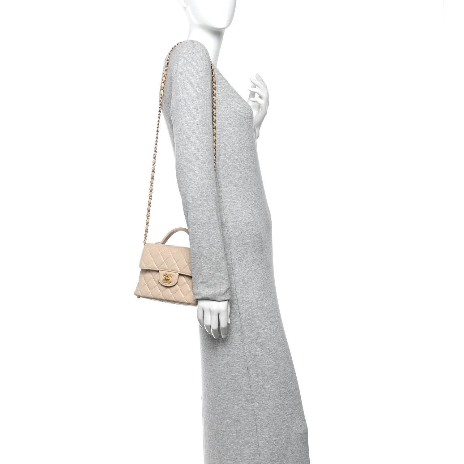Lambskin Quilted Small Flap Top Handle Bag Beige